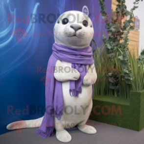 Lavender Seal mascot costume character dressed with a Henley Tee and Scarf clips