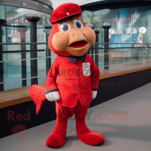 Red Cod mascot costume character dressed with a Henley Tee and Berets