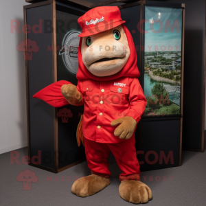 Red Cod mascot costume character dressed with a Henley Tee and Berets