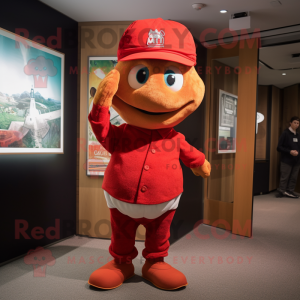 Red Cod mascot costume character dressed with a Henley Tee and Berets