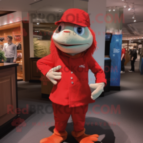 Red Cod mascot costume character dressed with a Henley Tee and Berets