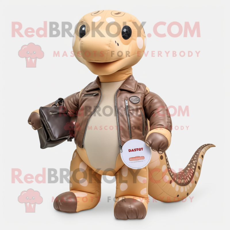 Tan Diplodocus mascot costume character dressed with a Leather Jacket and Coin purses