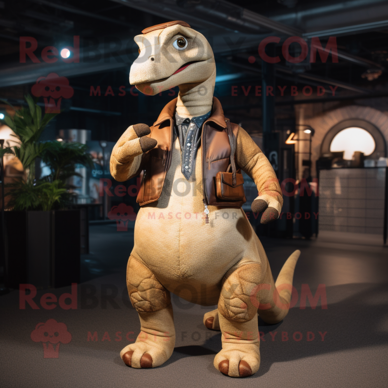 Tan Diplodocus mascot costume character dressed with a Leather Jacket and Coin purses