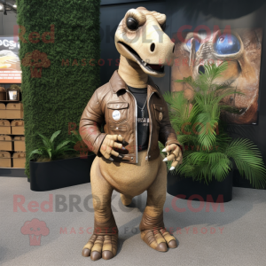 Tan Diplodocus mascot costume character dressed with a Leather Jacket and Coin purses