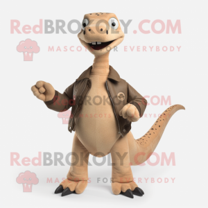 Tan Diplodocus mascot costume character dressed with a Leather Jacket and Coin purses