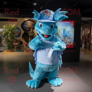 Sky Blue Dragon mascot costume character dressed with a T-Shirt and Hats