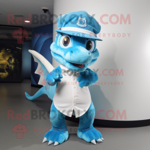 Sky Blue Dragon mascot costume character dressed with a T-Shirt and Hats