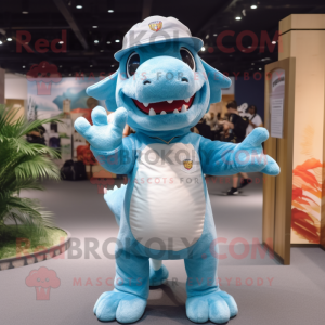 Sky Blue Dragon mascot costume character dressed with a T-Shirt and Hats