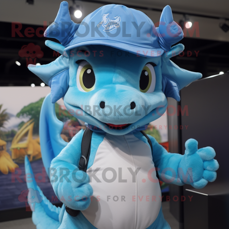 Sky Blue Dragon mascot costume character dressed with a T-Shirt and Hats