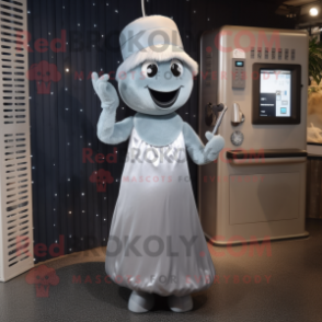 Silver Phone mascot costume character dressed with a Cocktail Dress and Beanies