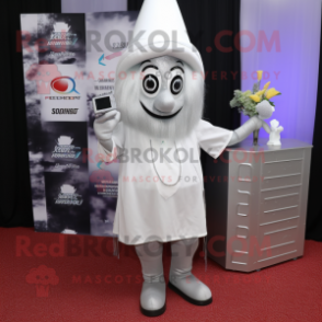 Silver Phone mascot costume character dressed with a Cocktail Dress and Beanies