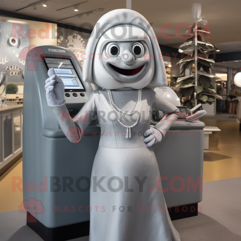 Silver Phone mascot costume character dressed with a Cocktail Dress and Beanies Silver Phone mascot costume character dressed with a Cocktail Dress and Beanies