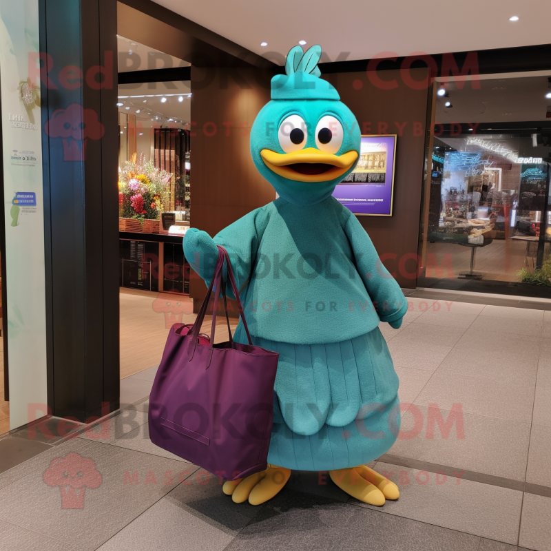 Teal Plum mascot costume character dressed with a Wrap Skirt and Tote bags