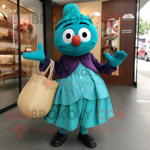 Teal Plum mascot costume character dressed with a Wrap Skirt and Tote bags