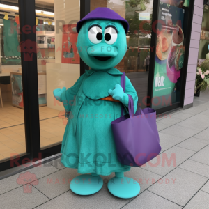 Teal Plum mascot costume character dressed with a Wrap Skirt and Tote bags