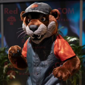 Rust Panther mascot costume character dressed with a Bermuda Shorts and Beanies