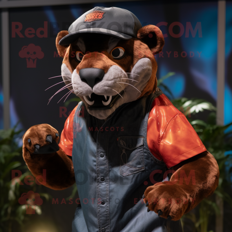 Rust Panther mascot costume character dressed with a Bermuda Shorts and Beanies