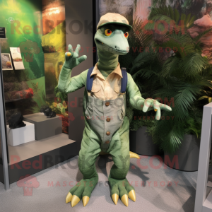 Olive Coelophysis mascot costume character dressed with a Dungarees and Hats