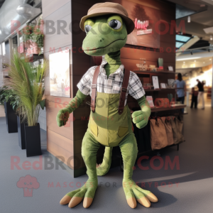 Olive Coelophysis mascot costume character dressed with a Dungarees and Hats