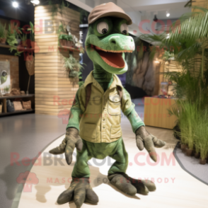 Olive Coelophysis mascot costume character dressed with a Dungarees and Hats