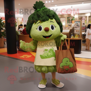 Olive Fried Rice mascot costume character dressed with a Mini Skirt and Tote bags