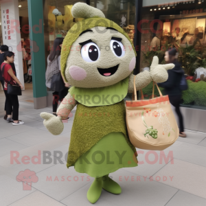 Olive Fried Rice mascot costume character dressed with a Mini Skirt and Tote bags