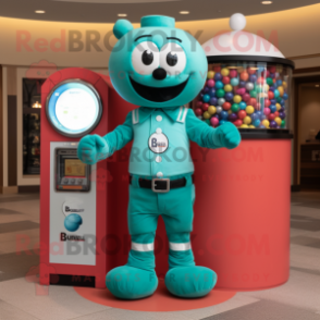 Teal Gumball Machine mascot costume character dressed with a Polo Tee and Belts