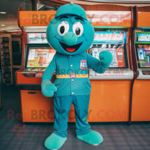 Teal Gumball Machine mascot costume character dressed with a Polo Tee and Belts