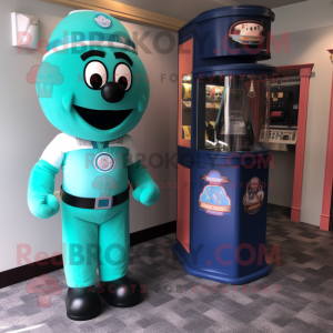 Teal Gumball Machine mascot costume character dressed with a Polo Tee and Belts