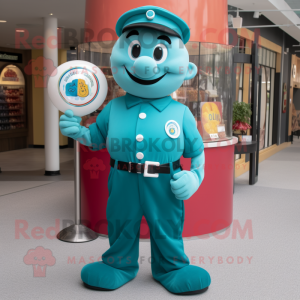 Teal Gumball Machine mascot costume character dressed with a Polo Tee and Belts