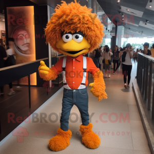 Orange Fried Chicken mascot costume character dressed with a Skinny Jeans and Suspenders