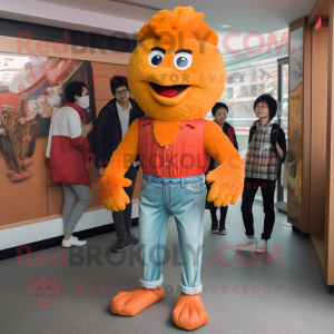 Orange Fried Chicken mascot costume character dressed with a Skinny Jeans and Suspenders