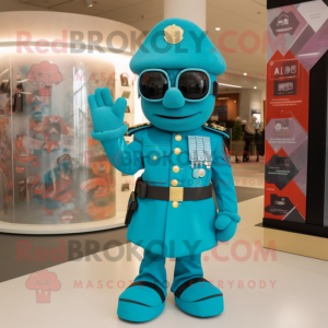 Turquoise Soldier mascot costume character dressed with a Dress and Bracelet watches