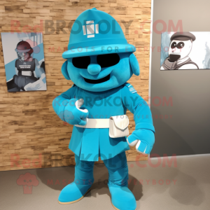 Turquoise Soldier mascot costume character dressed with a Dress and Bracelet watches