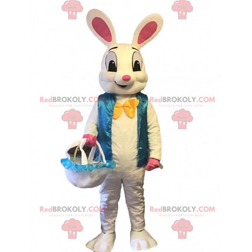 Duży królik maskotka z niebieską kamizelką, kostium królika -