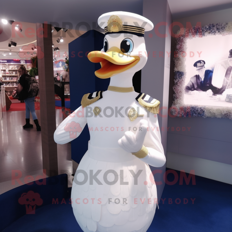 Navy Swans mascot costume character dressed with a Wedding Dress and Bracelet watches