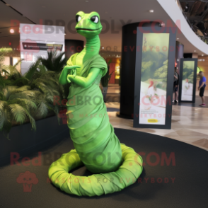 Lime Green Titanoboa mascot costume character dressed with a Evening Gown and Bracelet watches