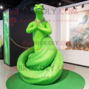 Lime Green Titanoboa mascot costume character dressed with a Evening Gown and Bracelet watches