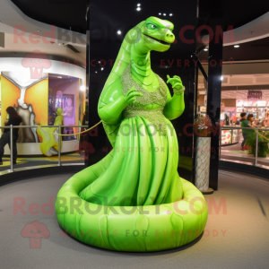Lime Green Titanoboa mascot costume character dressed with a Evening Gown and Bracelet watches