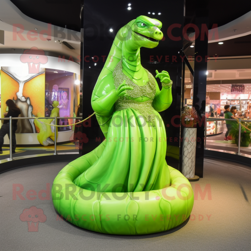 Lime Green Titanoboa mascot costume character dressed with a Evening Gown and Bracelet watches Lime Green Titanoboa mascot costume character dressed with a Evening Gown and Bracelet watches