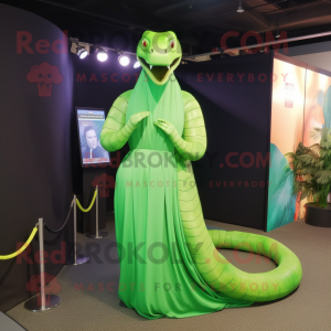 Lime Green Titanoboa mascot costume character dressed with a Evening Gown and Bracelet watches