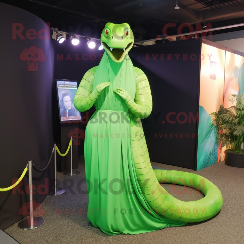 Lime Green Titanoboa mascot costume character dressed with a Evening Gown and Bracelet watches