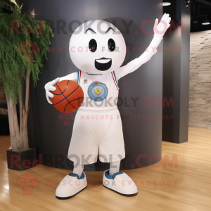 White Basketball Ball mascot costume character dressed with a Flare Jeans and Rings