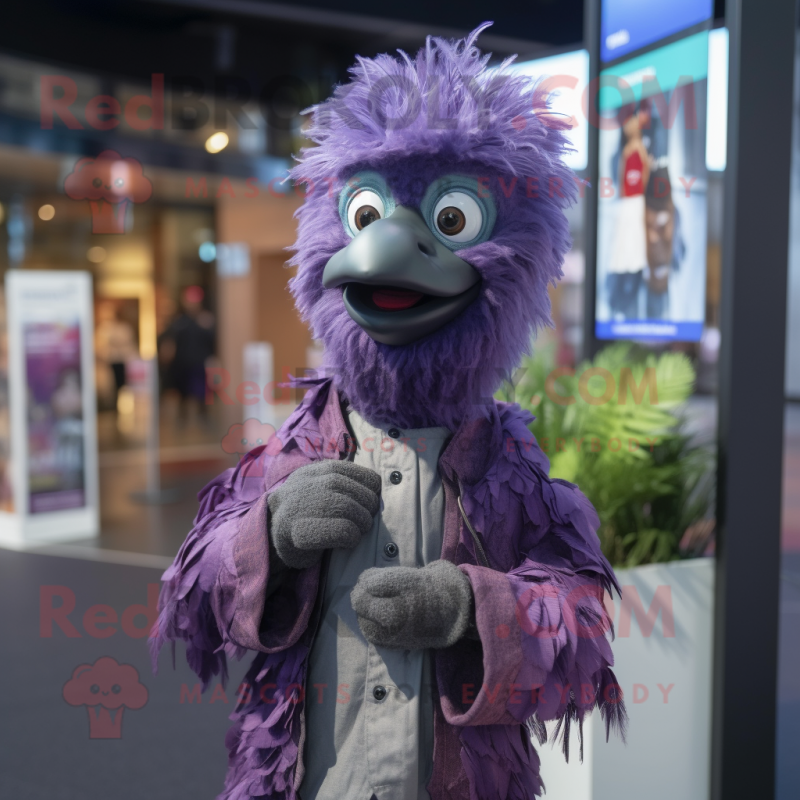 Purple Emu mascot costume character dressed with a Jeans and Shawls