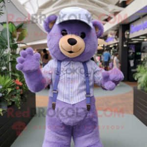 Lavender Bear mascot costume character dressed with a Flare Jeans and Suspenders