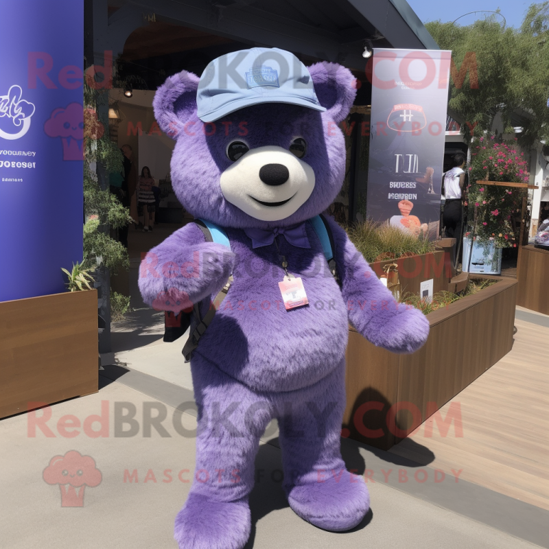 Lavender Bear mascot costume character dressed with a Flare Jeans and Suspenders