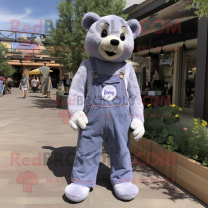 Lavender Bear mascot costume character dressed with a Flare Jeans and Suspenders