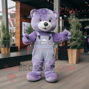 Lavender Bear mascot costume character dressed with a Flare Jeans and Suspenders