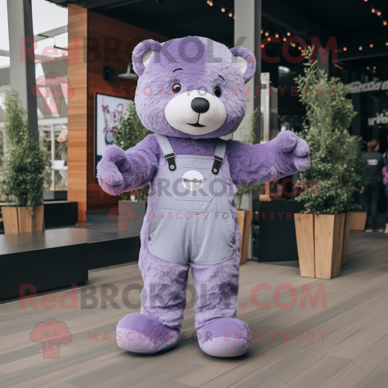 Lavender Bear mascot costume character dressed with a Flare Jeans and Suspenders Lavender Bear mascot costume character dressed with a Flare Jeans and Suspenders