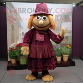 Maroon Scarecrow mascot costume character dressed with a Wrap Dress and Caps